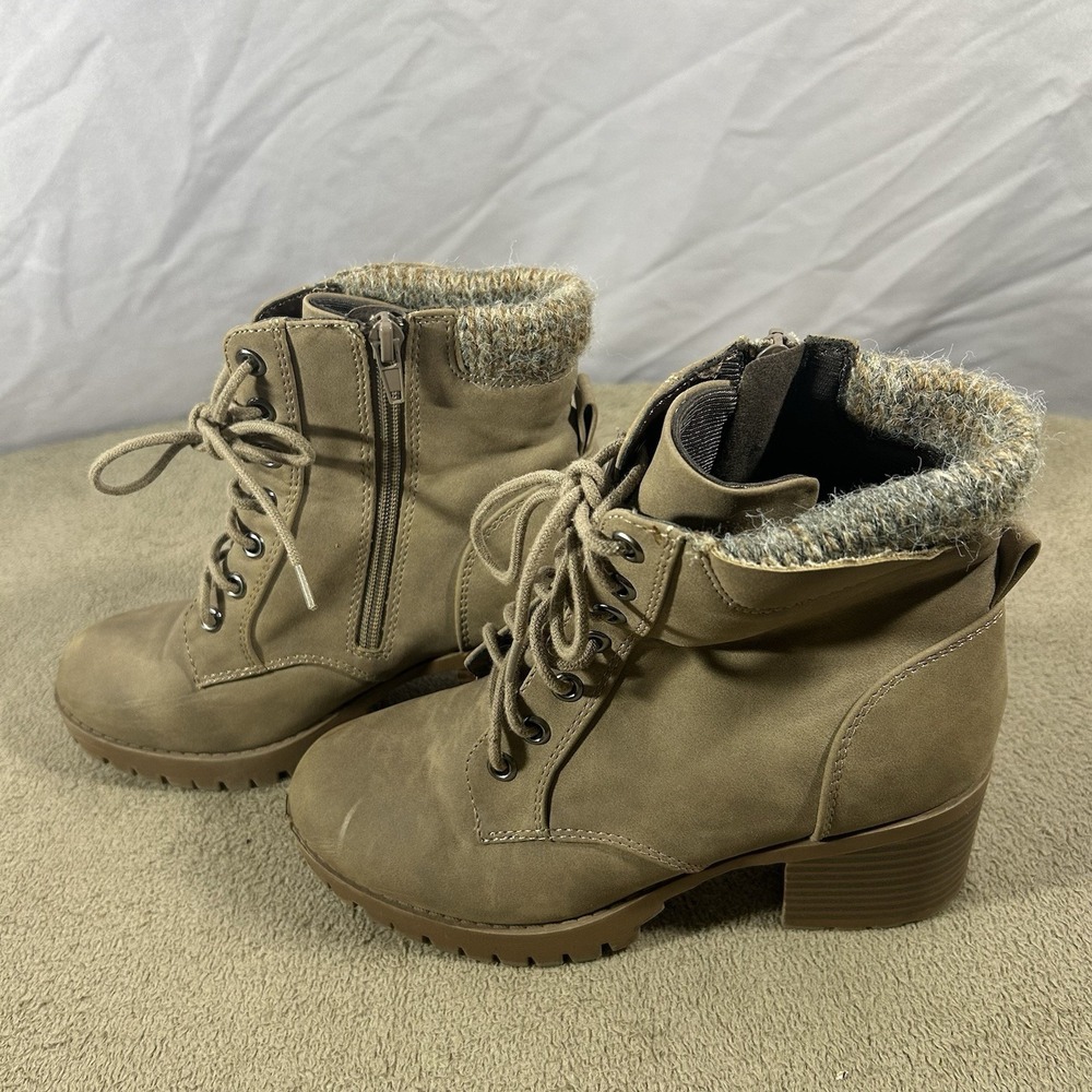 Joda Women's Ankle Boots Tan Lace Up‎ Side Zip Chunky Heel Lug Sole Size 8